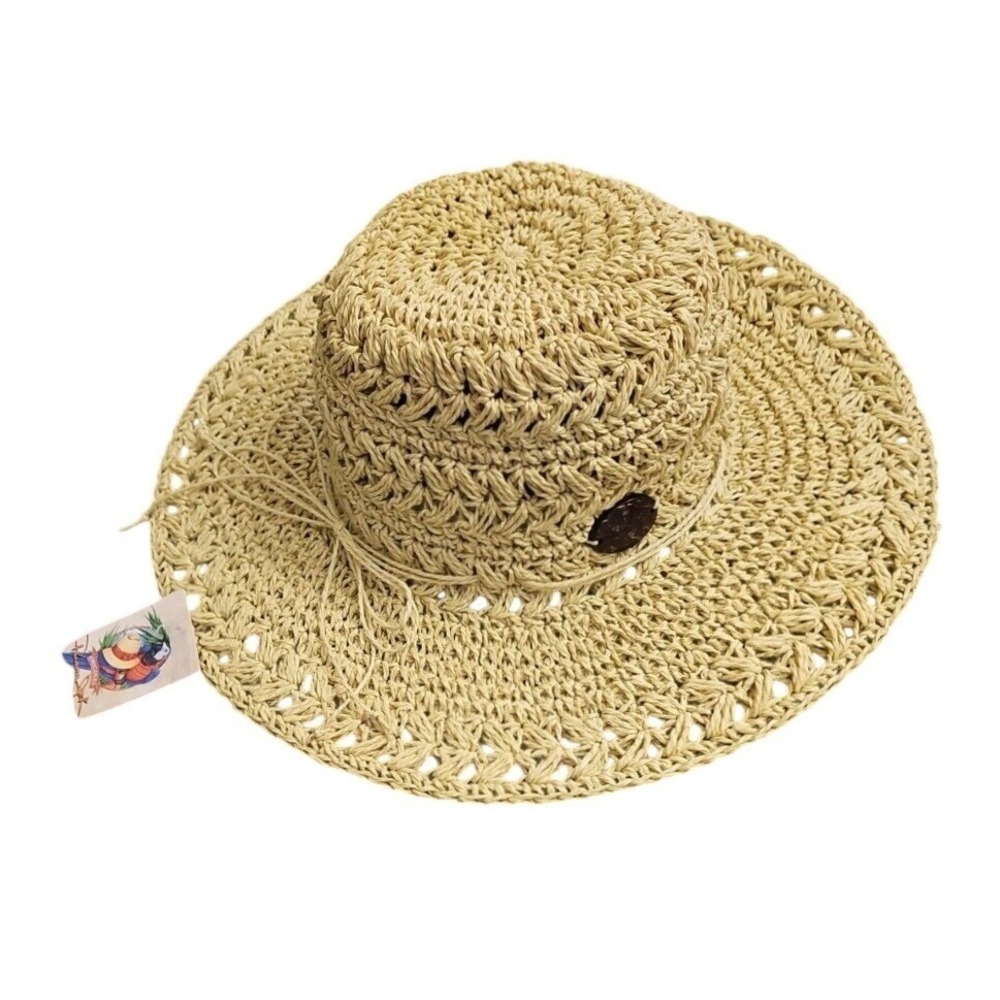 Panama Jack Womens Sun Hat Paradise Style Tan Wide Brim Crochet Beach Pool NWT‎